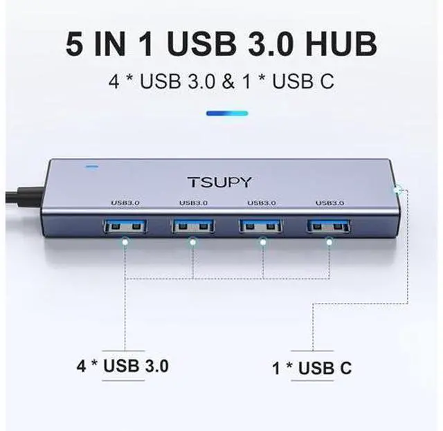 Alt view image 3 of 7 - USB 3.0 HUB USB Splitter with 5 USB Ports and 4ft Extended Cable Ultra-Slim Aluminium Data Hub Multi USB 3.0 Adapter HUB Compatible for Laptop MacBook PC Printer Mobile HDD and More