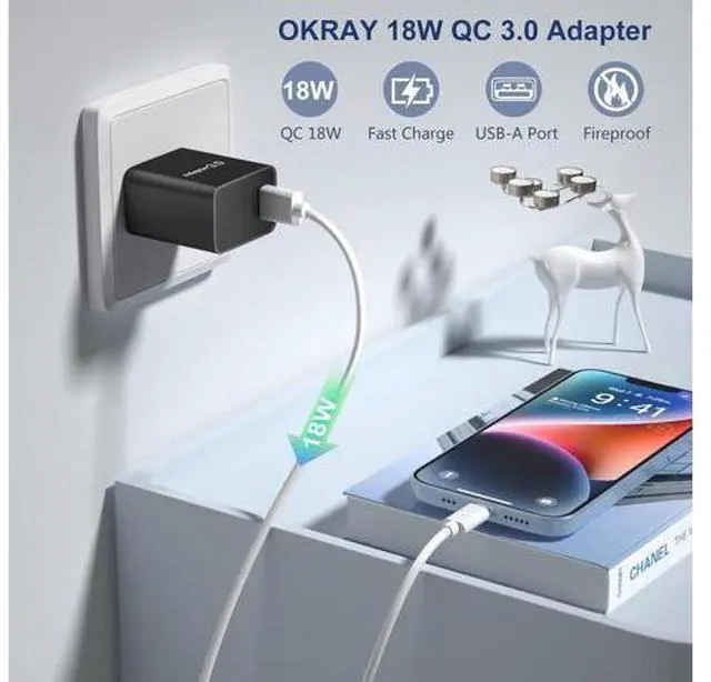 Alt view image 2 of 7 - USB Charger Block, OKRAY 2-Pack 18W QC Fast Charging Plug Adapter 2.0/3.0 Quick Charge Power Wall Charger Brick Compatible for iPhone 15 14 13 12 11 XR, Samsung Galaxy S23 S22 Note20, Wireless Charger