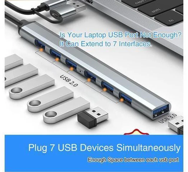 Alt view image 4 of 7 - 7-Port USB3.0 Hub for Laptop MacBook PC & More USB-C & USB 3.0 Adapter 5Gbps Data Transfer Aluminum Alloy Portable