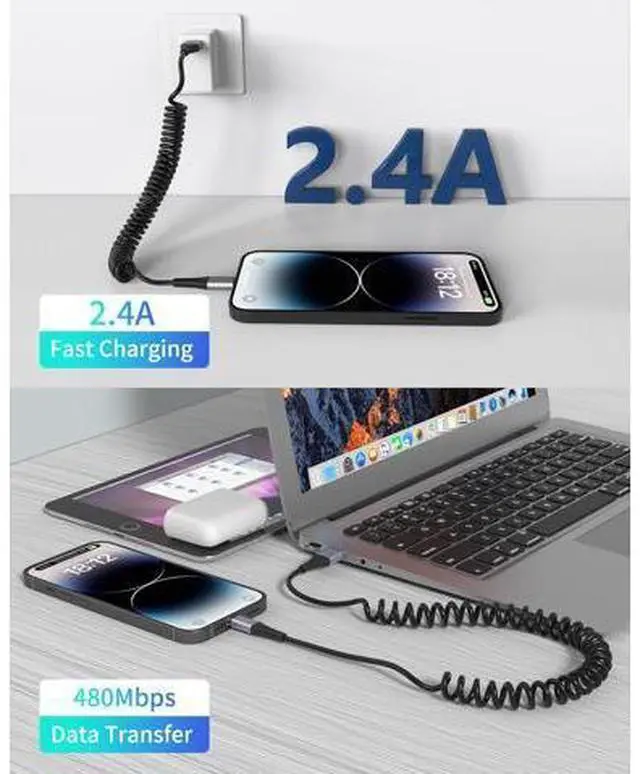 Alt view image 2 of 6 - Coiled Lightning Cable 2 Pack Retractable iPhone Charger Cord for Car USB to Lightning Cable Fast Charging Compatible with CarPlay iPhone 14 13 12 11 Pro Max Mini 10 8 Plus XR SE AirPods