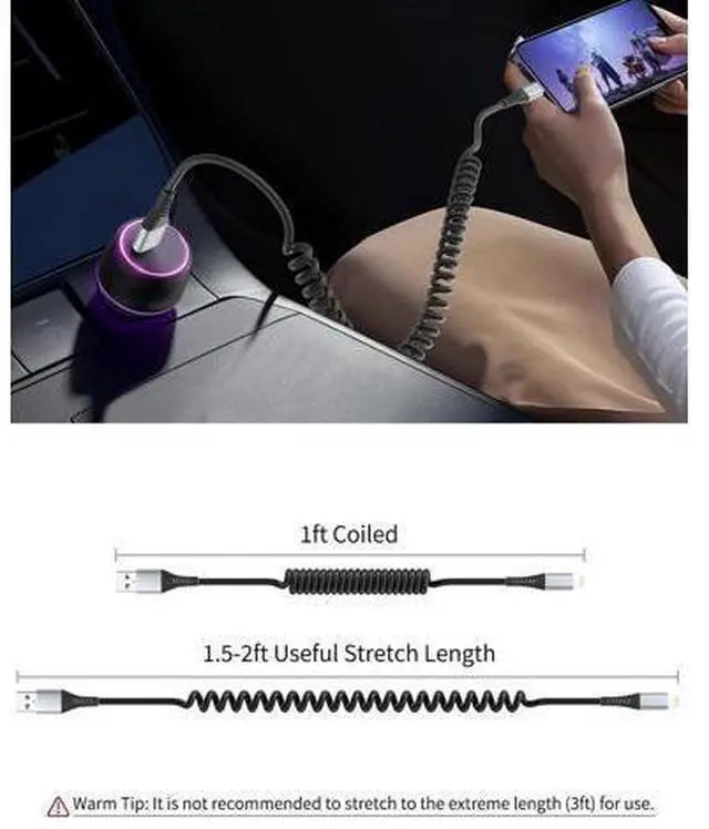 Alt view image 5 of 6 - Coiled Lightning Cable 2 Pack Retractable iPhone Charger Cord for Car USB to Lightning Cable Fast Charging Compatible with CarPlay iPhone 14 13 12 11 Pro Max Mini 10 8 Plus XR SE AirPods