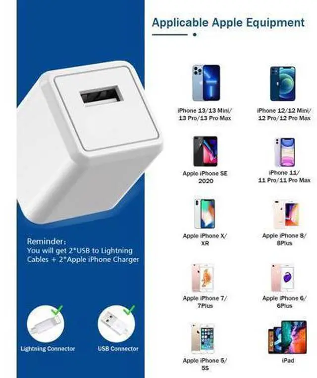 Alt view image 6 of 7 - iPhone Charger Long 6FT iPhone Charger 2Pack iPhone Cord 6feet USB to Lightning Cable Quick Fast Charging Data Sync Cord USB Wall Charger Block Adapter for iPhone 14/13/12/11/XS/XR/X/8/7/5/SE2022/iPad