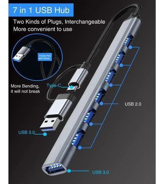 Alt view image 3 of 7 - 7-Port USB3.0 Hub for Laptop MacBook PC & More USB-C & USB 3.0 Adapter 5Gbps Data Transfer Aluminum Alloy Portable