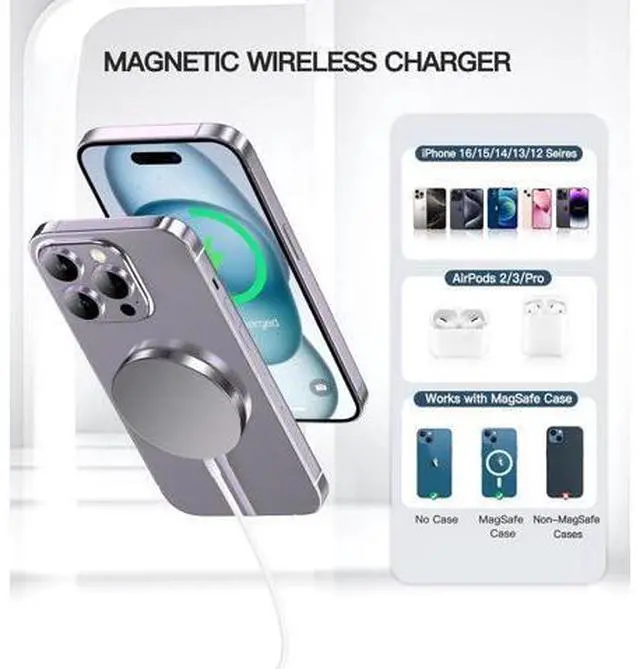Alt view image 3 of 7 - Magnetic Wireless Charger 15W Fast Mag Safe Charger for Cell Phone 16 Pro Max/16 Pro/16 Plus/16/15/14/13/12 Series 2 Pack Charging Pad for AirPods 3/2/Pro 2/Pro Mag-Safe Original Replacement