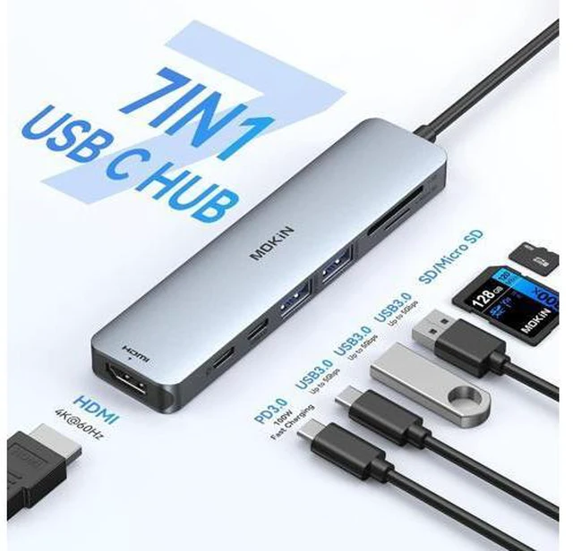 Alt view image 2 of 7 - MOKiN USB C Hub HDMI Adapter for MacBook Pro/Air, 7 in 1 USB C Dongle with HDMI, SD/TF Card Reader, USB C Data Port,100W PD, and 2 USB 3.0 Compatible for MacBook Pro/Air, XPS, Lenovo Thinkpad.