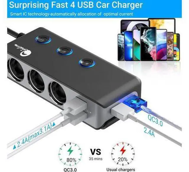 Alt view image 2 of 7 - Quick Charge 3.0 Cigarette Lighter Splitter, Qidoe 3 Socket 180W Cigarette Lighter Adapter with 4 USB Fast Charging, DC 12V/24V Cigarette Outlet LED Voltmeter Independent Button for All Car Devices