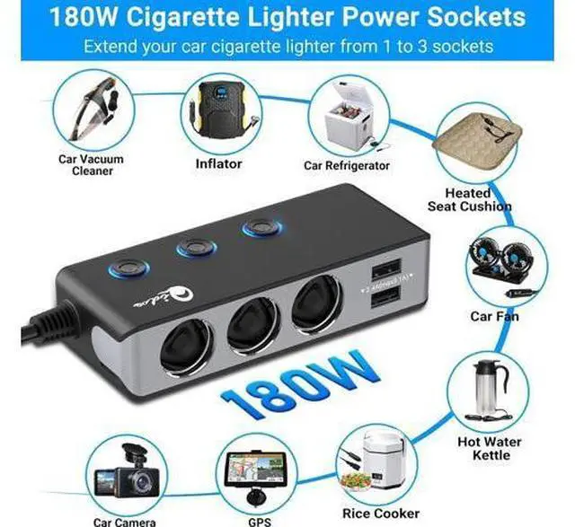 Alt view image 3 of 7 - Quick Charge 3.0 Cigarette Lighter Splitter, Qidoe 3 Socket 180W Cigarette Lighter Adapter with 4 USB Fast Charging, DC 12V/24V Cigarette Outlet LED Voltmeter Independent Button for All Car Devices