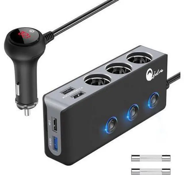Main image of Quick Charge 3.0 Cigarette Lighter Splitter, Qidoe 3 Socket 180W Cigarette Lighter Adapter with 4 USB Fast Charging, DC 12V/24V Cigarette Outlet LED Voltmeter Independent Button for All Car Devices