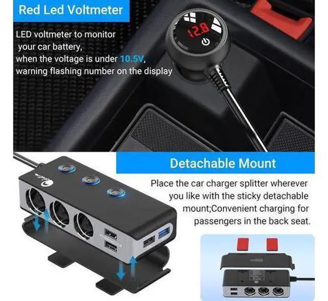 Alt view image 5 of 7 - Quick Charge 3.0 Cigarette Lighter Splitter, Qidoe 3 Socket 180W Cigarette Lighter Adapter with 4 USB Fast Charging, DC 12V/24V Cigarette Outlet LED Voltmeter Independent Button for All Car Devices