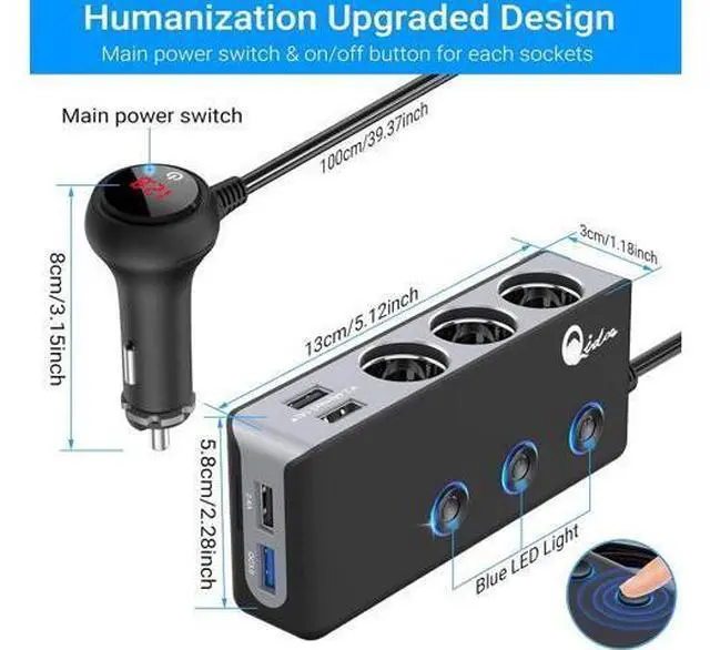 Alt view image 6 of 7 - Quick Charge 3.0 Cigarette Lighter Splitter, Qidoe 3 Socket 180W Cigarette Lighter Adapter with 4 USB Fast Charging, DC 12V/24V Cigarette Outlet LED Voltmeter Independent Button for All Car Devices