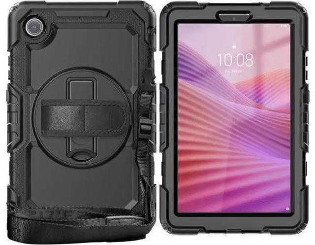 Main image of Compatible with Len-ovo Tab One 8.7 inch/K9 TB305FU (2025) Case with Screen Protector Heavy Duty Shockproof Protective Case Drop-Proof Cover Swivel Kickstand+Handle+Strapp Silicone Cover(Black)