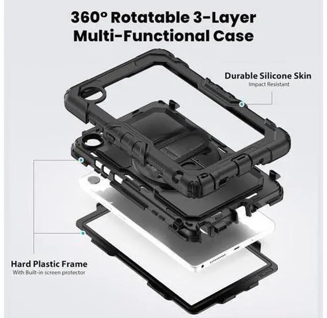 Alt view image 2 of 7 - Compatible with Len-ovo Tab One 8.7 inch/K9 TB305FU (2025) Case with Screen Protector Heavy Duty Shockproof Protective Case Drop-Proof Cover Swivel Kickstand+Handle+Strapp Silicone Cover(Black)