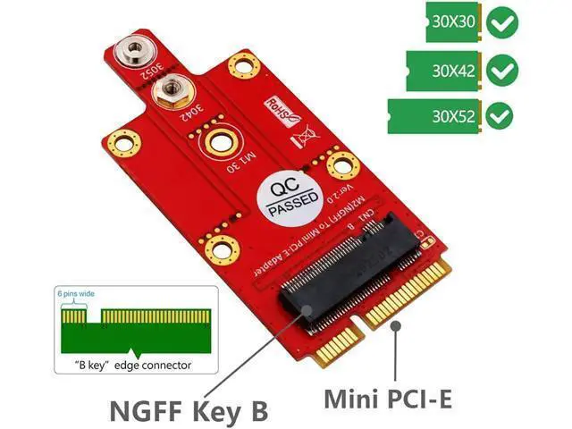 Alt view image 3 of 6 - M.2 NGFF Key B to Mini PCI-E Adapter Card with Screw Kit for 3G / 4G / 5G Module Support 3042/3052 Type M2 Key B Card Dimension
