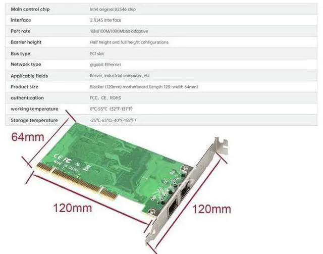 Alt view image 2 of 7 - Dual Port Gigabit PCI Server Network Card 1000M 2 Ports RJ45 NIC Ethernet Desktop Computer LAN Card Adapter for Windows 98 2000 XP, Linux