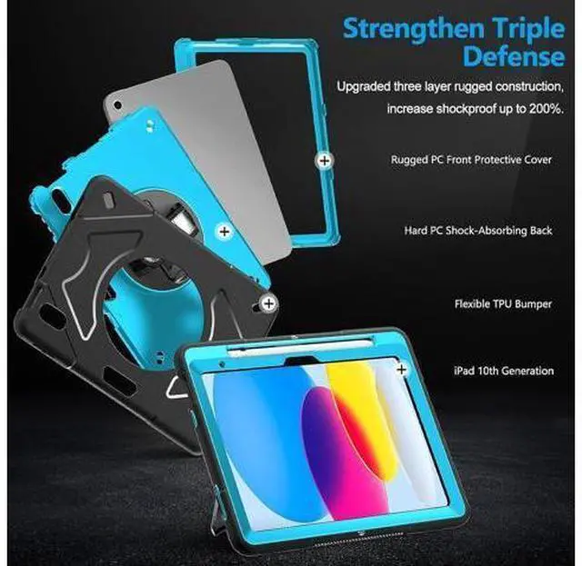 Alt view image 3 of 7 - Case for iPad 10th Generation 2022: iPad 10.9 Case Military Grade Heavy Duty Shockproof Cover for iPad 10.9 Inch 2022 Hand/Shoulder Strap - Rotating Stand - SkyBlue