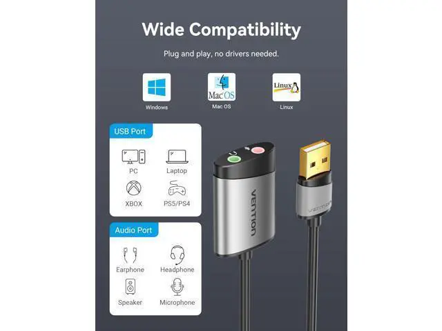 Alt view image 5 of 7 - USB Audio Adapter - VENTION USB External Stereo Sound Card to 3.5mm Headphone and Microphone Jack Adapter for Windows MAC Linux PC Laptop Desktops PS5
