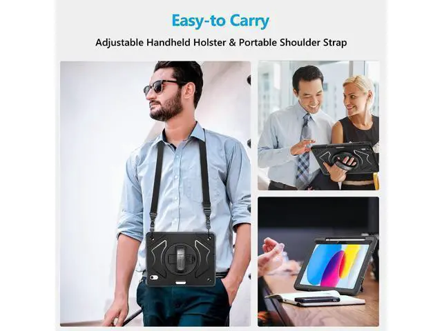 Alt view image 5 of 7 - Case for iPad 10th Generation 2022: iPad 10.9 Case Military Grade Heavy Duty Shockproof Cover for iPad 10.9 Inch 2022 Hand/Shoulder Strap - Rotating Stand - Black