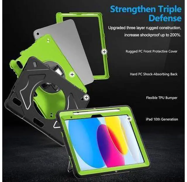 Alt view image 3 of 6 - Case for iPad 10th Generation 2022: iPad 10.9 Case Military Grade Heavy Duty Shockproof Cover for iPad 10.9 Inch 2022 Hand/Shoulder Strap - Rotating Stand - Green