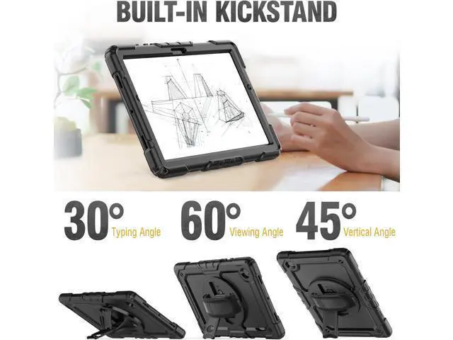 Alt view image 4 of 7 - Shockproof Case for Galaxy Tab A7 Lite with Screen Protector / 360 Rotating Hand Strap/Built-in Stand/Protective Carrying Case for Tab A7 lite 8.7 Case SM-T220 T225 T227, Black