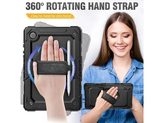 Alt view image 3 of 7 - Shockproof Case for Galaxy Tab A7 Lite with Screen Protector / 360 Rotating Hand Strap/Built-in Stand/Protective Carrying Case for Tab A7 lite 8.7 Case SM-T220 T225 T227, Black