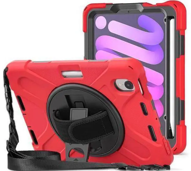 Main image of New iPad Mini 6 Case 2021, Heavy Duty Shockproof Rugged Mini 6 Case A2567/A2568/A2569 with Pencil Holder Kickstand Hand Strap Carrying Shoulder Belt for iPad Mini 6 Tablet,Red