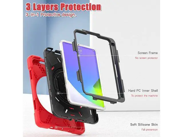 Alt view image 7 of 7 - New iPad Mini 6 Case 2021, Heavy Duty Shockproof Rugged Mini 6 Case A2567/A2568/A2569 with Pencil Holder Kickstand Hand Strap Carrying Shoulder Belt for iPad Mini 6 Tablet,Red
