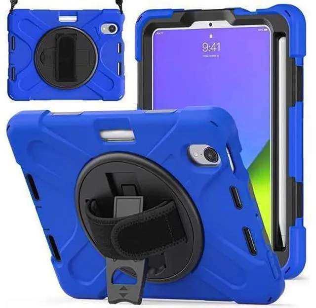 Main image of New iPad Mini 6 Case 2021, Heavy Duty Shockproof Rugged Mini 6 Case A2567/A2568/A2569 with Pencil Holder Kickstand Hand Strap Carrying Shoulder Belt for iPad Mini 6 Tablet,Blue