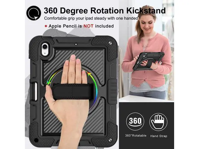 Alt view image 3 of 7 - Case for iPad 10th Generation 10.9 Inch 2022, Built-in Pencil Holder Heavy Duty Shockproof Rugged Protective Case with Full Body 360 Rotate Stand Hand Strap Case