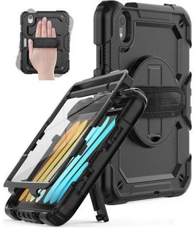 Main image of iPad Mini 6 Case 8.3 Inch, Durable Heavy Duty Full-Body Shockproof Protective Case with Screen Protector, 360° Rotating Stand, Hand/Shoulder Strap for iPad Min 6th Generation 8.3'', Black
