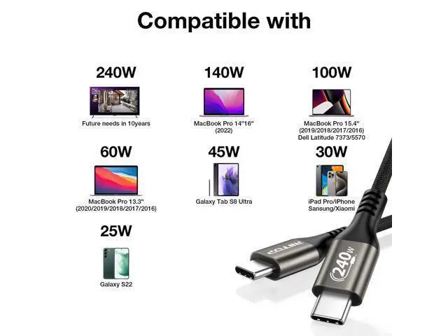Alt view image 2 of 7 - USB C to USB C Cable (6.6ft 240W, 2Pack), Type C PD Charging Cable for iPhone 15/15Pro,MacBook Pro 2020, iPad Pro 2020, iPad Air 4, Samsung Galaxy S23+/S23 Ultra/S22 Ultra 2 Pack