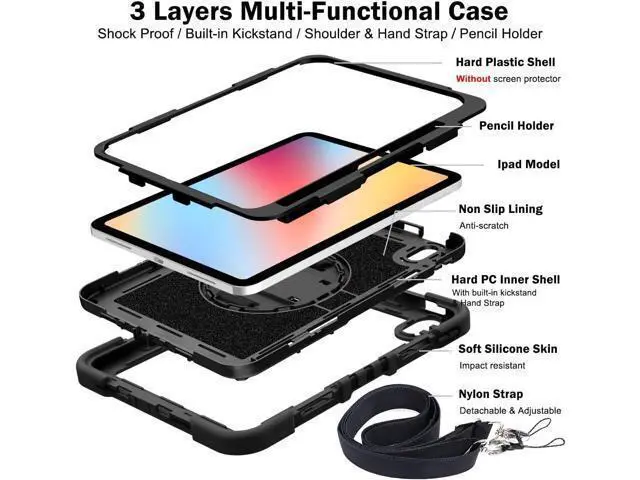 Alt view image 4 of 7 - Case for iPad 10th Generation 10.9 Inch 2022, Built-in Pencil Holder Heavy Duty Shockproof Rugged Protective Case with Full Body 360 Rotate Stand Hand Strap Case