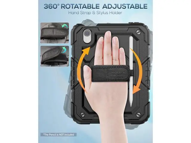 Alt view image 3 of 7 - iPad Mini 6 Case 8.3 Inch, Durable Heavy Duty Full-Body Shockproof Protective Case with Screen Protector, 360° Rotating Stand, Hand/Shoulder Strap for iPad Min 6th Generation 8.3'', Black
