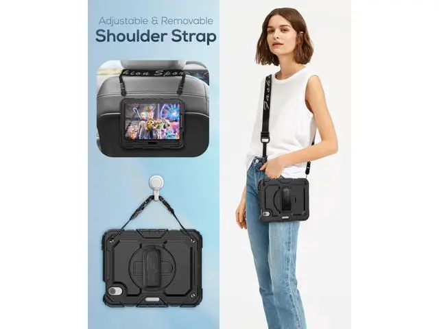 Alt view image 6 of 7 - iPad Mini 6 Case 8.3 Inch, Durable Heavy Duty Full-Body Shockproof Protective Case with Screen Protector, 360° Rotating Stand, Hand/Shoulder Strap for iPad Min 6th Generation 8.3'', Black