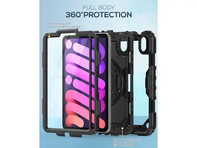 Alt view image 7 of 7 - iPad Mini 6 Case 8.3 Inch, Durable Heavy Duty Full-Body Shockproof Protective Case with Screen Protector, 360° Rotating Stand, Hand/Shoulder Strap for iPad Min 6th Generation 8.3'', Black