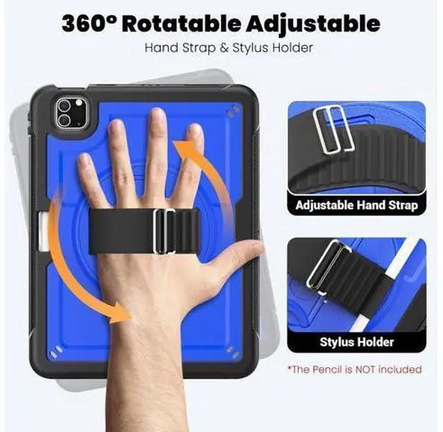 Alt view image 5 of 7 - for iPad Pro 11 inch Case 2022/2021/2020/2018 (4th/3rd/2nd/1st) & iPad Air 5th/4th Generation Case 10.9 inch with Adjustable Hand Strap Stand, Pencil Holder, Screen Protector - Blue
