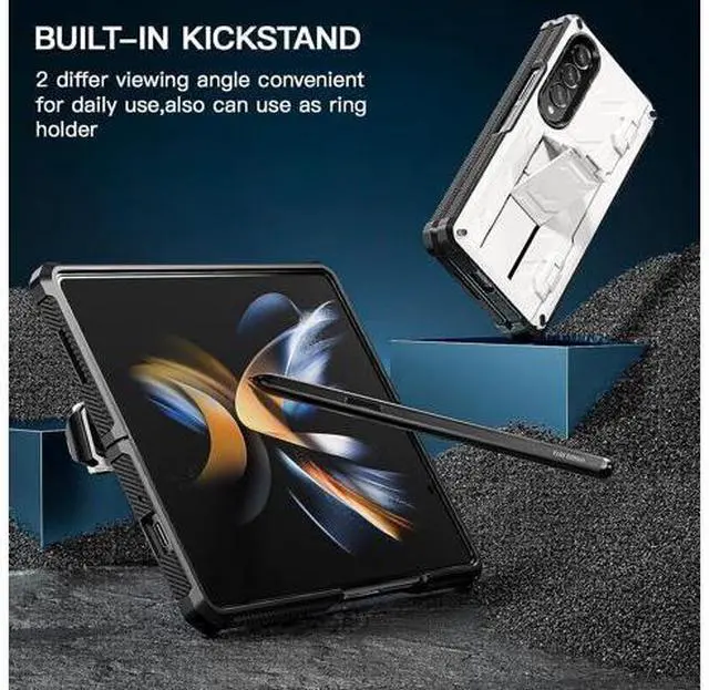 Alt view image 4 of 7 - Samsung Galaxy Z Fold4 Case 2022 with Built-in Screen Protector, 360° Rotating Ring Stand, S Pen Holder, Kickstand, Protective Phone Cover Case for Samsung Galaxy Z Fold 4 5G 2022, White