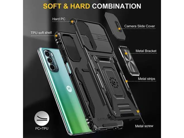 Alt view image 7 of 7 - Rugged Case for Moto G Stylus 5G (2022) with Tempered Glass Screen Protector, Slide Camera Cover & Kickstand, Dual Layer Military Grade Protective Case compatitable with Magnetic Holder, Black