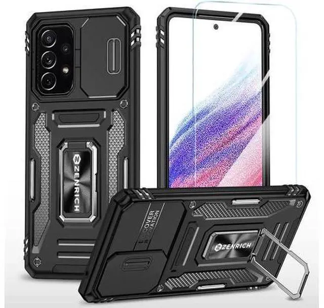 Main image of Rugged Case for Samsung Galaxy A53 5G with Tempered Glass Screen Protector, Slide Camera Cover & Kickstand Case Dual Layer Military Grade Protective with Magnetic Holder, Black