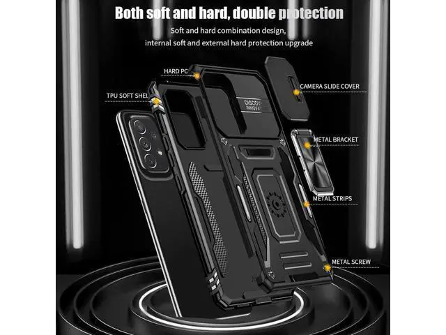 Alt view image 7 of 7 - Rugged Case for Samsung Galaxy A53 5G with Tempered Glass Screen Protector, Slide Camera Cover & Kickstand Case Dual Layer Military Grade Protective with Magnetic Holder, Black