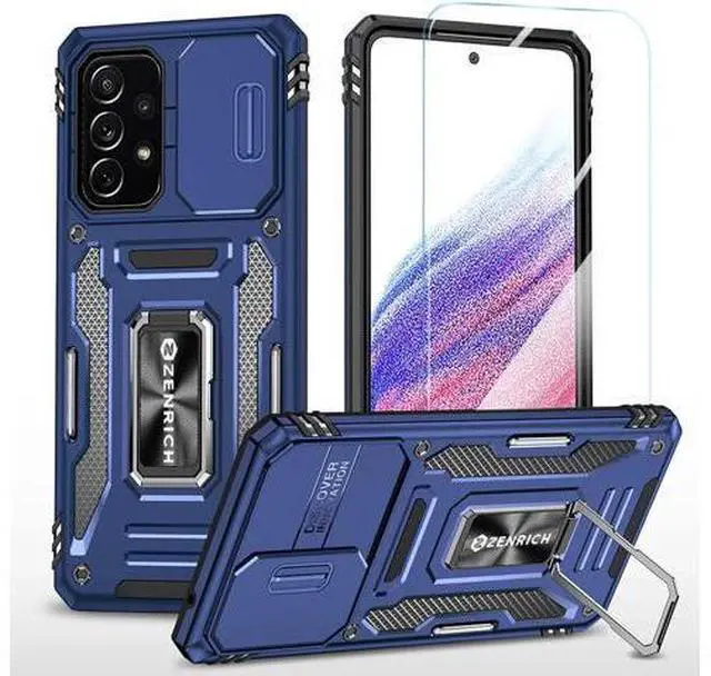 Main image of Rugged Case for Samsung Galaxy A53 5G with Tempered Glass Screen Protector, Slide Camera Cover & Kickstand Case Dual Layer Military Grade Protective with Magnetic Holder, Navy Blue