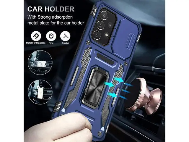 Alt view image 4 of 7 - Rugged Case for Samsung Galaxy A53 5G with Tempered Glass Screen Protector, Slide Camera Cover & Kickstand Case Dual Layer Military Grade Protective with Magnetic Holder, Navy Blue
