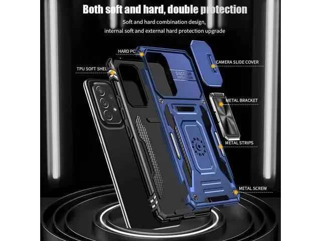 Alt view image 7 of 7 - Rugged Case for Samsung Galaxy A53 5G with Tempered Glass Screen Protector, Slide Camera Cover & Kickstand Case Dual Layer Military Grade Protective with Magnetic Holder, Navy Blue