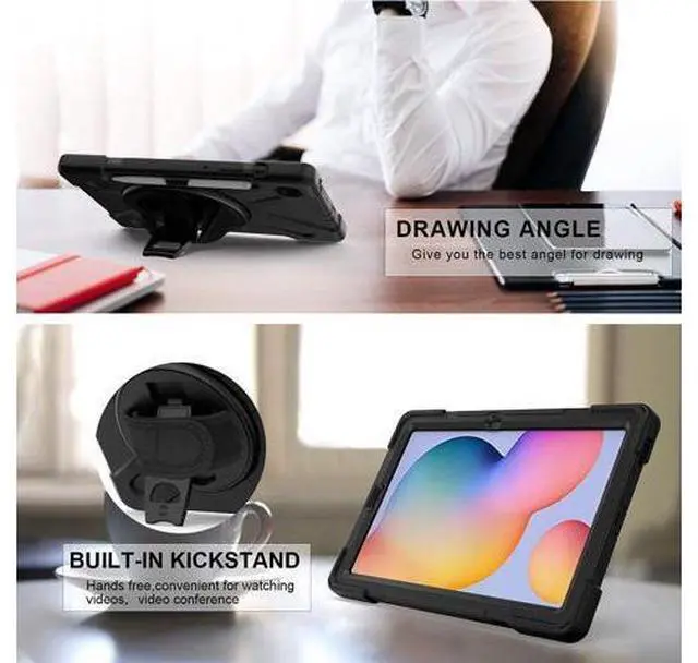 Alt view image 3 of 7 - Galaxy Tab S6 Lite Case2022/2020, SM-P610/P613/P615/P619 Case with S Pen Holder Shockproof Rugged Case with Stand Hand Strap and Shoulder Belt for Galaxy Tab S6 Lite 10.4'',Black