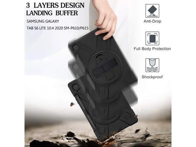 Alt view image 6 of 7 - Galaxy Tab S6 Lite Case2022/2020, SM-P610/P613/P615/P619 Case with S Pen Holder Shockproof Rugged Case with Stand Hand Strap and Shoulder Belt for Galaxy Tab S6 Lite 10.4'',Black