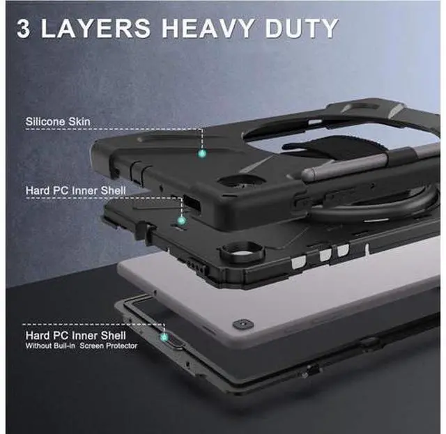 Alt view image 7 of 7 - Galaxy Tab S6 Lite Case2022/2020, SM-P610/P613/P615/P619 Case with S Pen Holder Shockproof Rugged Case with Stand Hand Strap and Shoulder Belt for Galaxy Tab S6 Lite 10.4'',Black