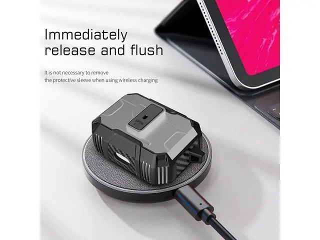 Alt view image 4 of 7 - One Key Pop-up Airpods Pro 2nd Generation Case, Full-Body Hard Shell Protective Rugged Charging Cover Case with Keychain for AirPods, Front LED Visible,Silver