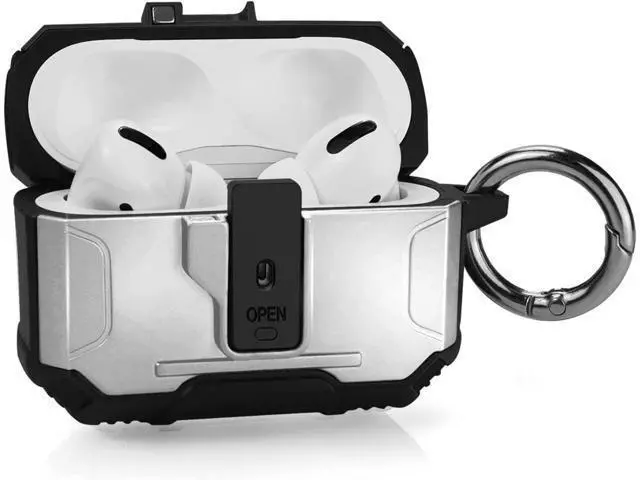 Alt view image 7 of 7 - One Key Pop-up Airpods Pro 2nd Generation Case, Full-Body Hard Shell Protective Rugged Charging Cover Case with Keychain for AirPods, Front LED Visible,Silver