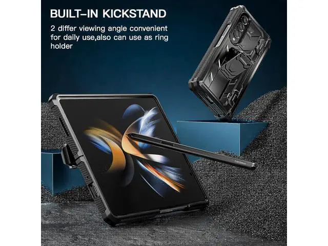 Alt view image 4 of 7 - Case for Samsung Galaxy Z Fold4 5G (2022), Galaxy Z Fold 4 Double Protection Rugged Case with Built-in S Pen Slot, Screen Protector, Built-in 360° Rotating Ring Kickstand Cover Case, Black