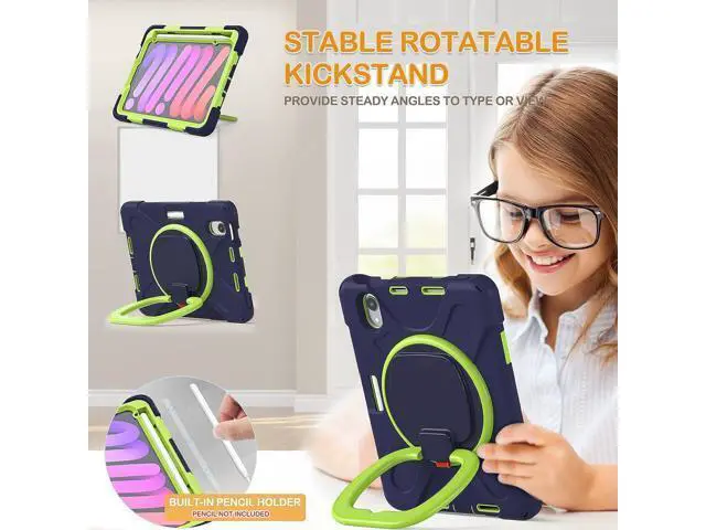 Alt view image 3 of 6 - Case for New iPad Mini 6th Generation 2021 8.3 Inch, Protective Silicone Cover with Pencil Holder, Functional Handle Grip, Stable Kickstand Shoulder Strap for iPad Mini 6th Gen 2021, Navy+Green