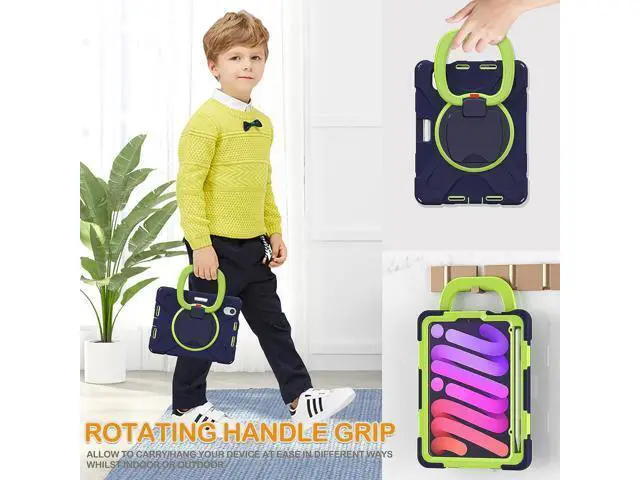 Alt view image 4 of 6 - Case for New iPad Mini 6th Generation 2021 8.3 Inch, Protective Silicone Cover with Pencil Holder, Functional Handle Grip, Stable Kickstand Shoulder Strap for iPad Mini 6th Gen 2021, Navy+Green